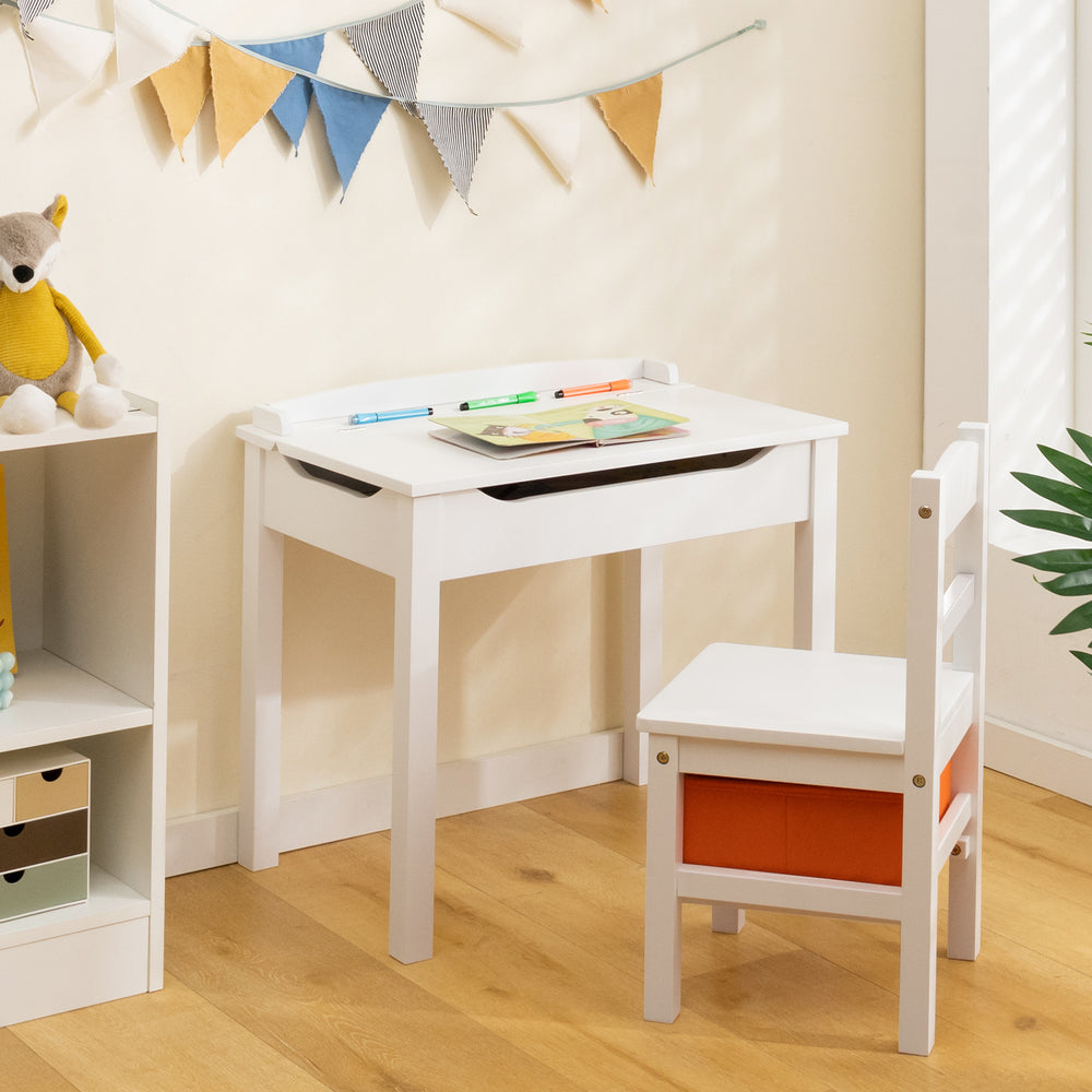 Flip-Top Wood Kids Activity Table and Chair Set with Hidden Storage Space-White - Gallery View 1 of 10