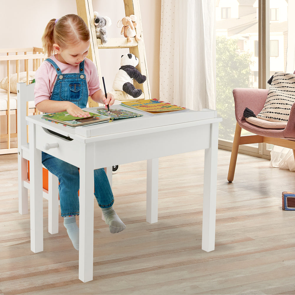Kids activity table and chair set in white with hidden storage, perfect for reading, drawing, and playing in any room.