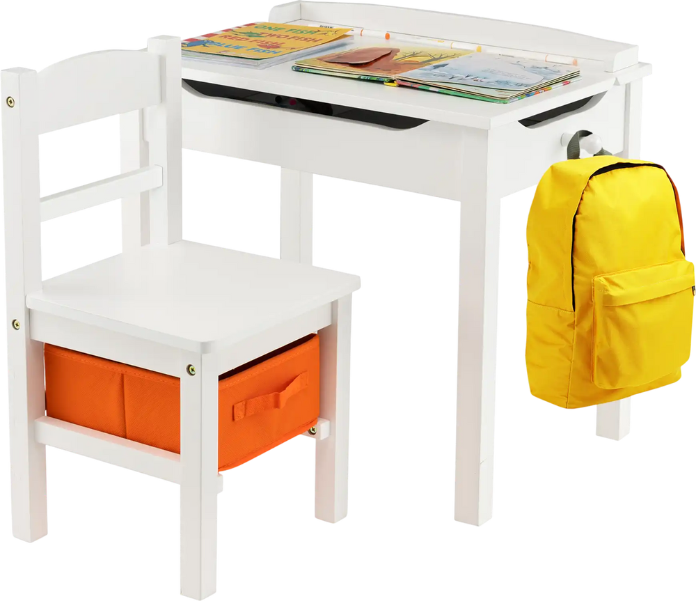 Kids activity table and chair set in white with hidden storage, perfect for playrooms and study areas.