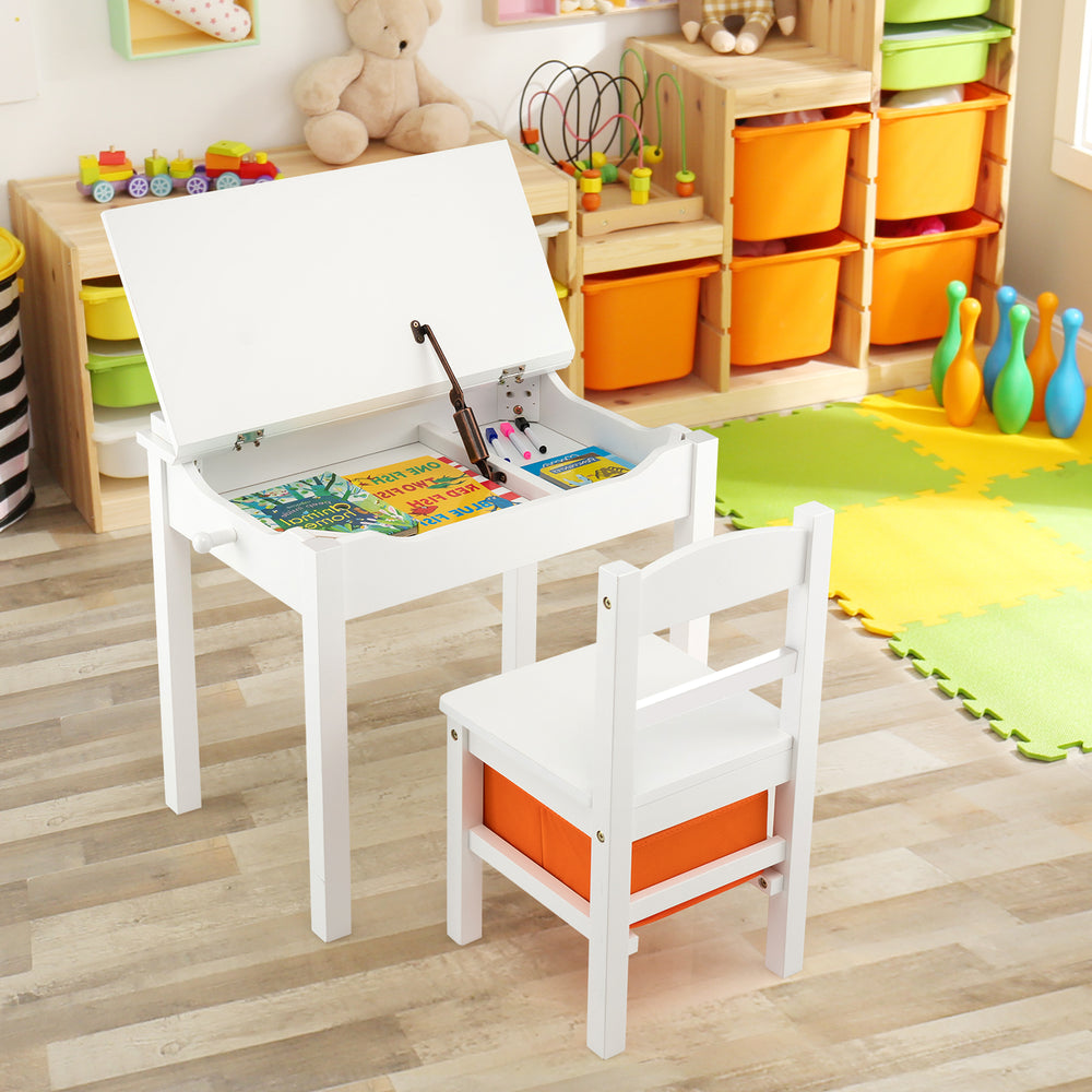 White kids activity table with flip-top and chair, featuring hidden storage and safety hinge for playroom or nursery.