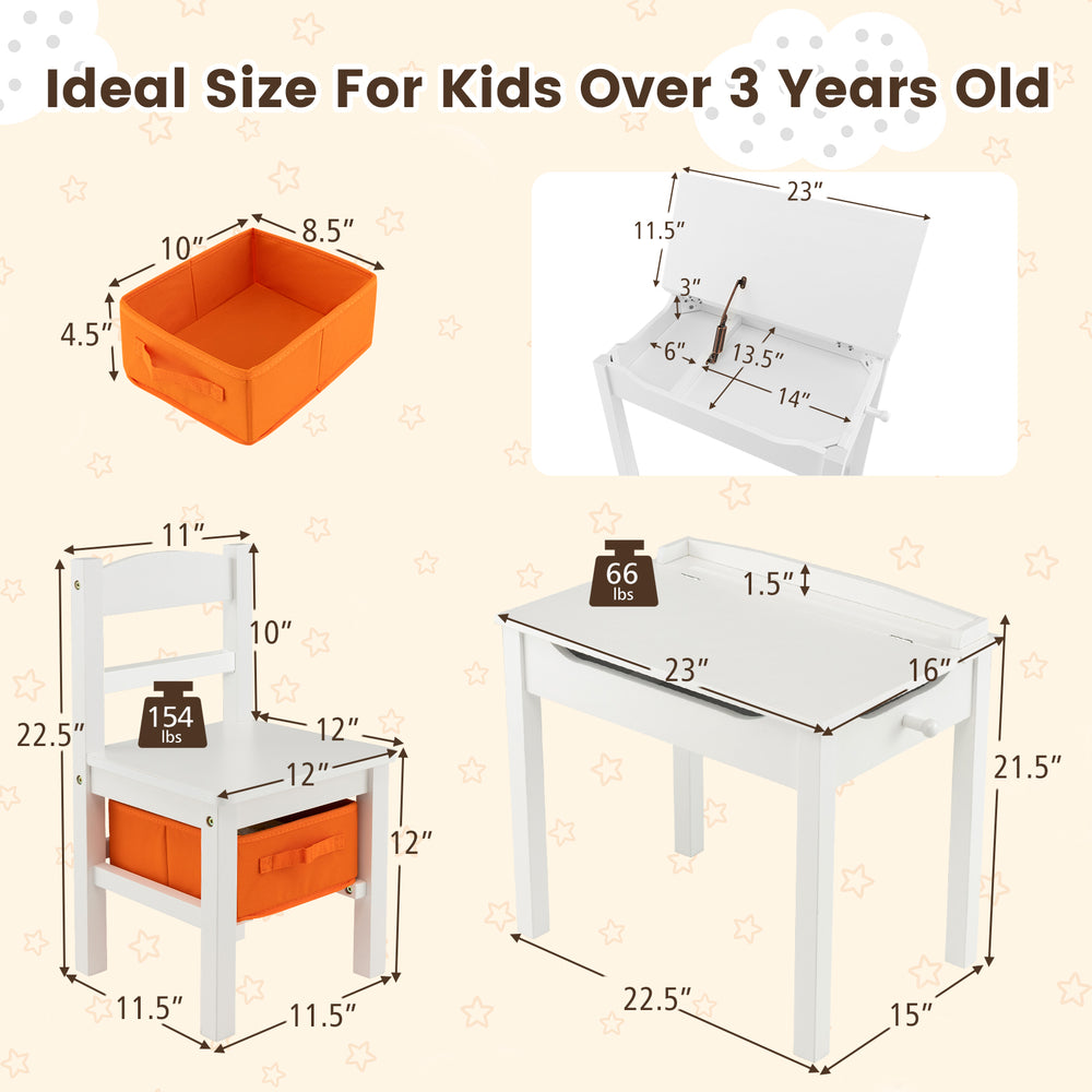 Kids activity table and chair set in white with hidden storage, ideal for playroom and learning, featuring safety.