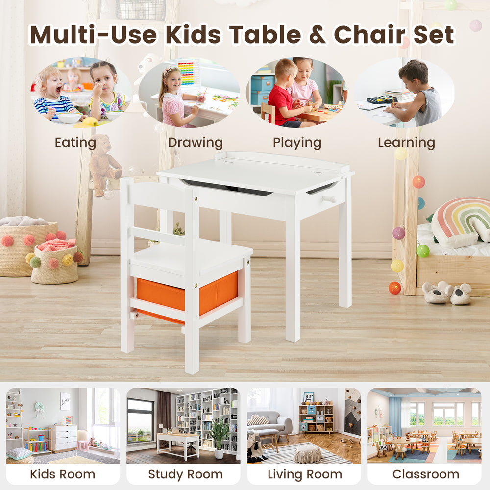 Kids activity table and chair set in white with hidden storage, ideal for learning, drawing, and playing in various.