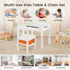 Kids activity table and chair set in white with hidden storage, ideal for learning, drawing, and playing in various.