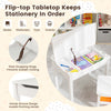 Flip-top white kids activity table with hidden storage, slow-dropping hinge, and pen slot for organized play and.