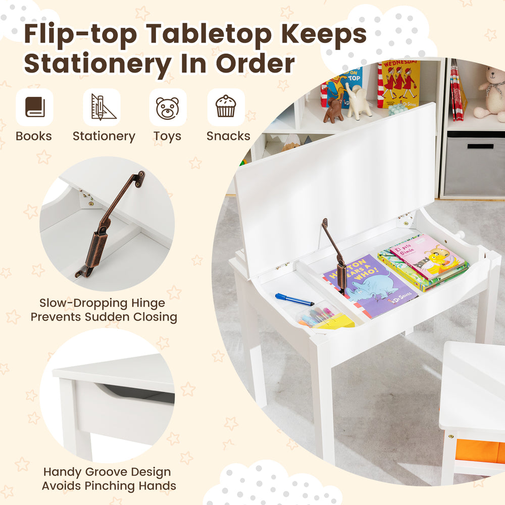 Flip-top white kids activity table with hidden storage, slow-dropping hinge, and pen slot for organized play and.