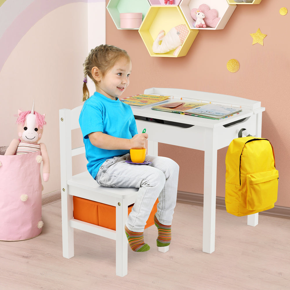 Kids activity table and chair set in white with hidden storage, ideal for playroom or study, featuring safety design.