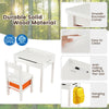 Kids activity table and chair set in white, featuring hidden storage, safety hinge, and pen slot for organized play and.