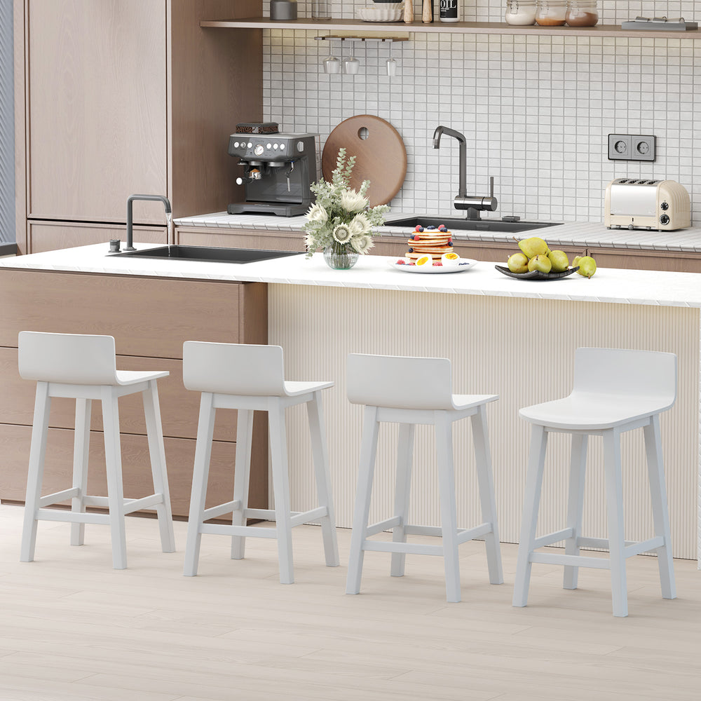 White wood bar stools set of 2 with solid back and seat, ideal for kitchen counters and dining areas.