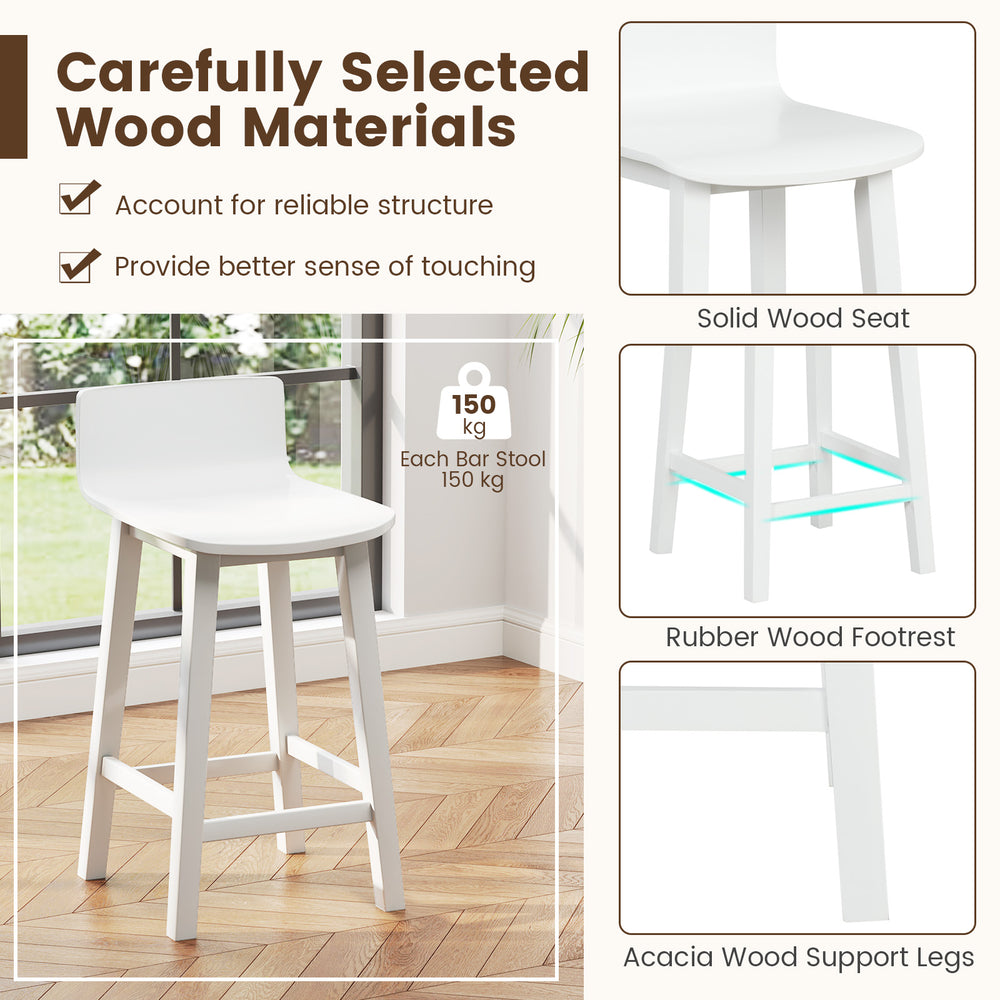 White wood bar stool set with solid seat and backrest, featuring acacia wood legs and non-slip footrest for comfort.