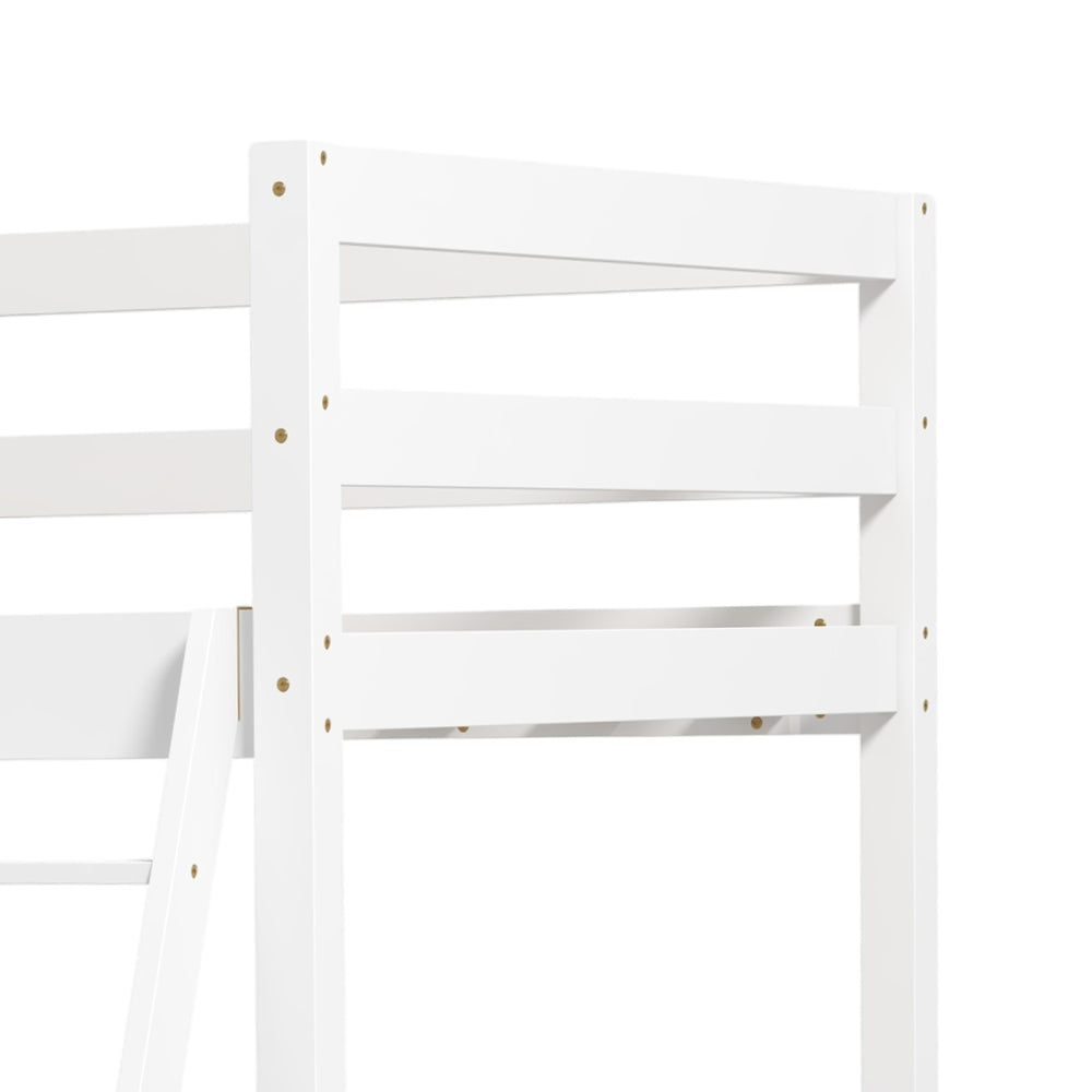 Close-up of the white twin over twin bunk bed frame highlighting sturdy pine wood construction and integrated ladder.