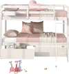 Twin over twin bunk bed in white wood with storage drawers, integrated ladder, and modern design for kids' rooms.
