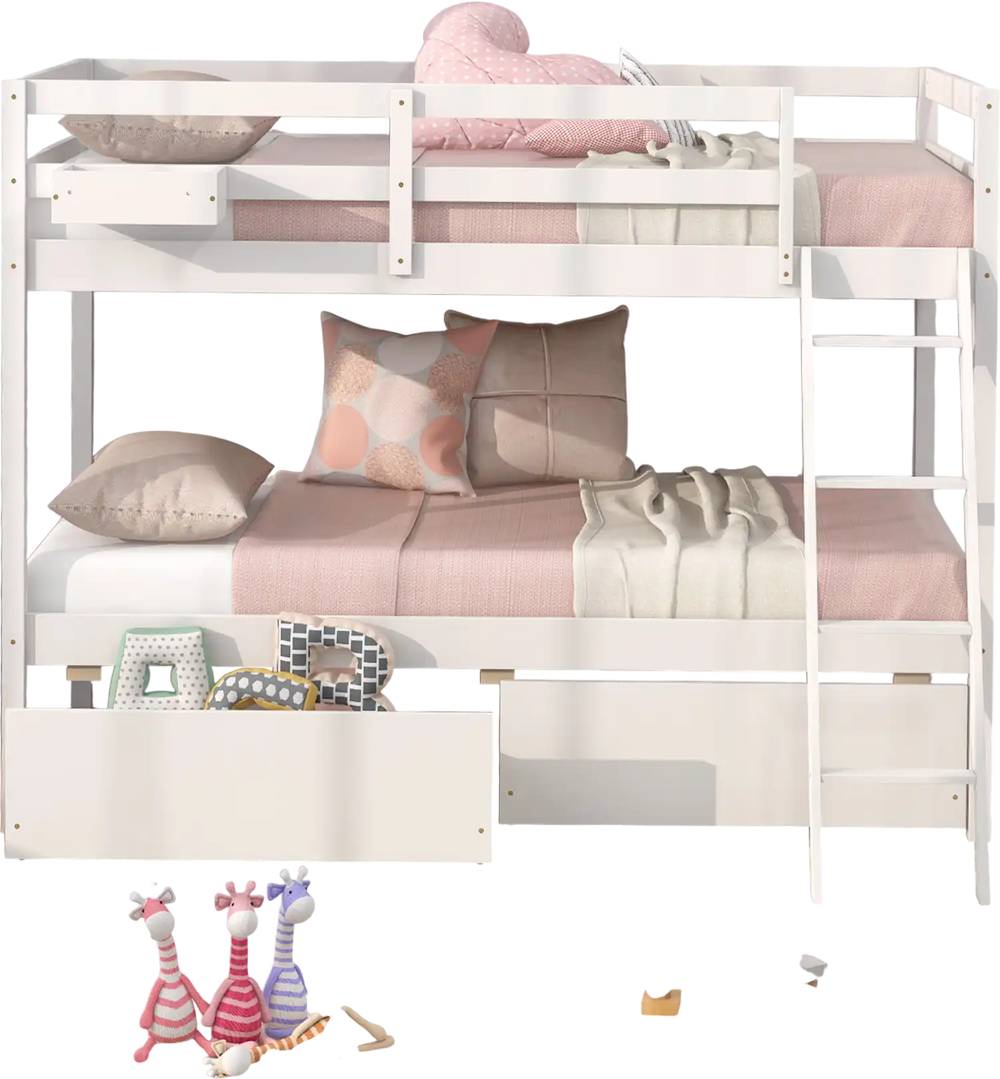 Twin over twin bunk bed in white wood with storage drawers, integrated ladder, and modern design for kids' rooms.