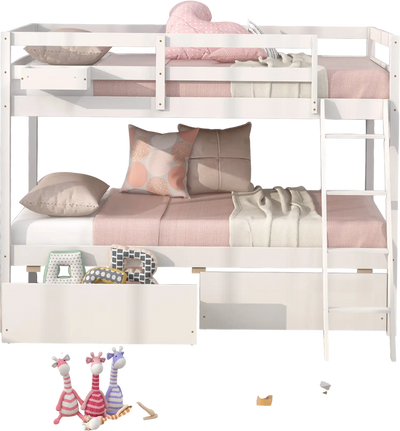 Costway Twin Over Twin Wood Bunk Bed Frame w/ 2 Storage Drawers Ladder White 38194257 New