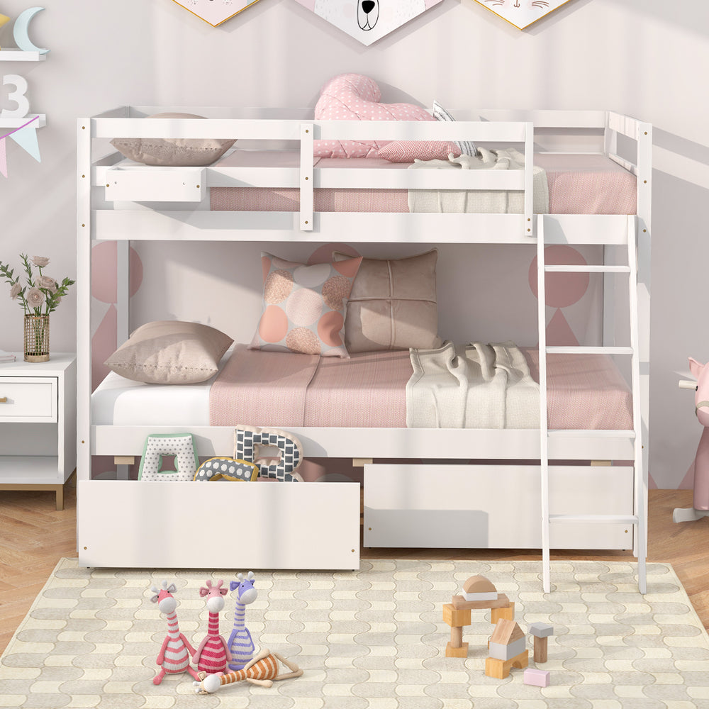 Twin Over Twin Bunk Bed Wood Bed Frame with 2 Storage Drawers and Ladder-White - Gallery View 1 of 13