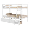 Twin over twin bunk bed in white with full-length guardrails and two storage drawers, ideal for maximizing space in.