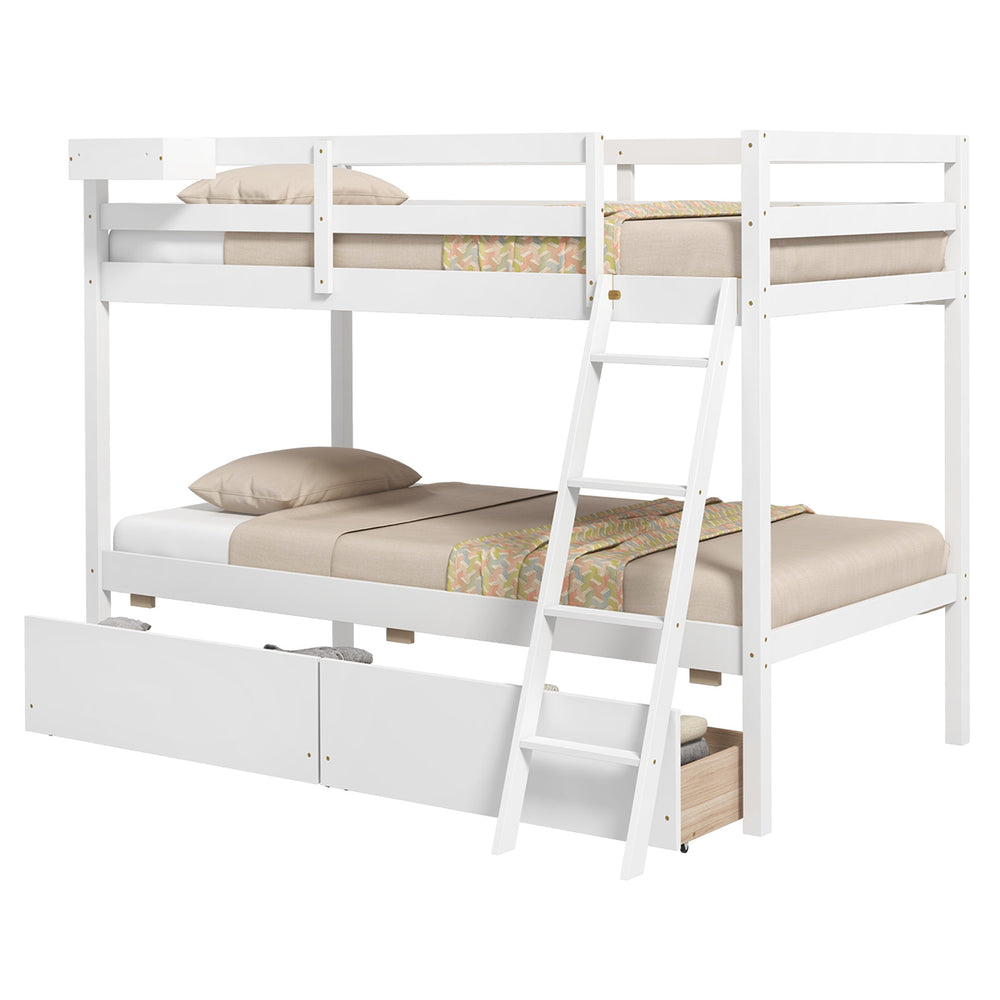 Twin over twin bunk bed in white with full-length guardrails and two storage drawers, ideal for maximizing space in.