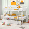 Twin over twin bunk bed in white wood with integrated ladder and two storage drawers, perfect for kids' rooms.