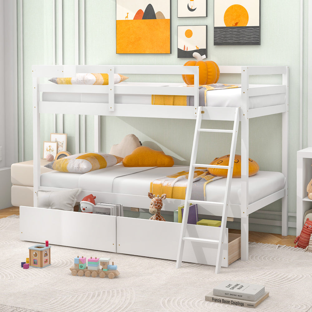 Twin over twin bunk bed in white wood with integrated ladder and two storage drawers, perfect for kids' rooms.