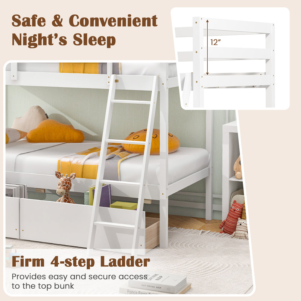 Four-step ladder of the Twin Over Twin Bunk Bed in white, providing safe access to the top bunk for kids' rooms.