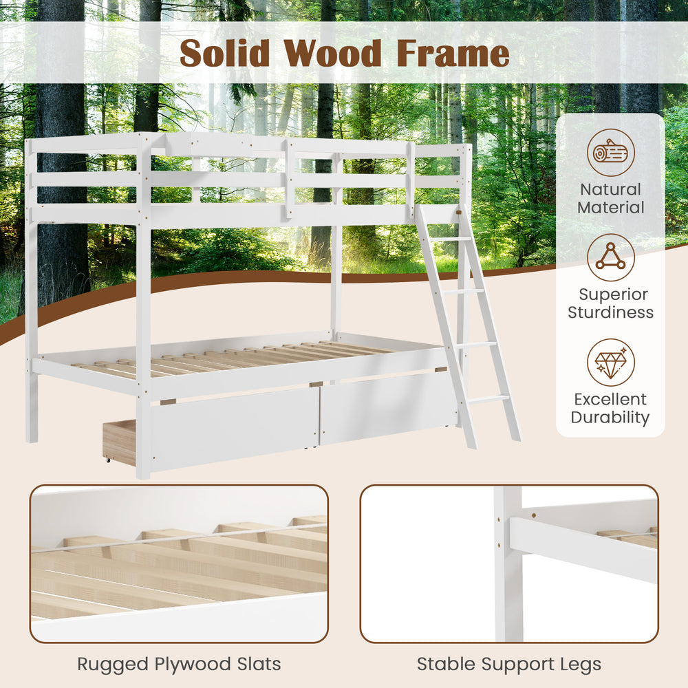 Twin over twin bunk bed frame in white with sturdy pine wood, two storage drawers, and integrated ladder for kids'.