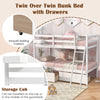 Twin over twin bunk bed in white with sturdy pine wood frame, integrated ladder, and two storage drawers for kids'.