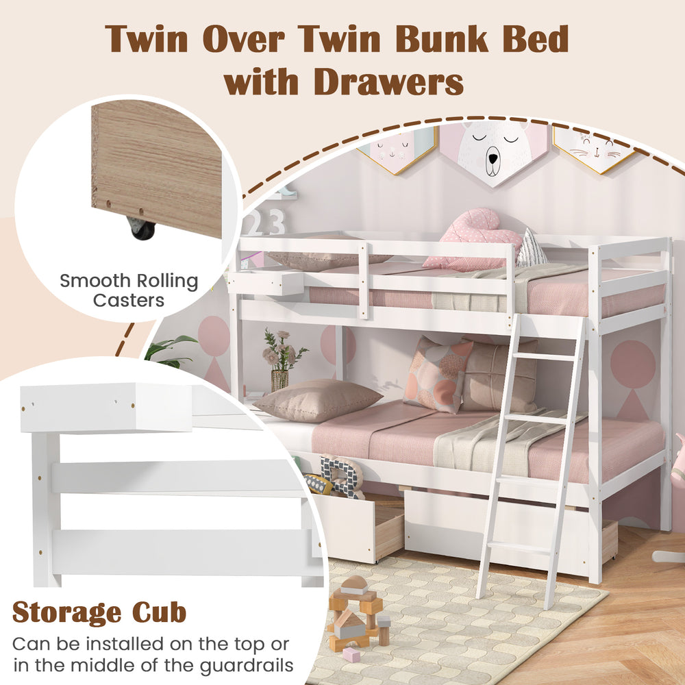 Twin over twin bunk bed in white with sturdy pine wood frame, integrated ladder, and two storage drawers for kids'.