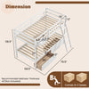 Twin over twin bunk bed frame in white with storage drawers, integrated ladder, and sturdy pine wood construction.