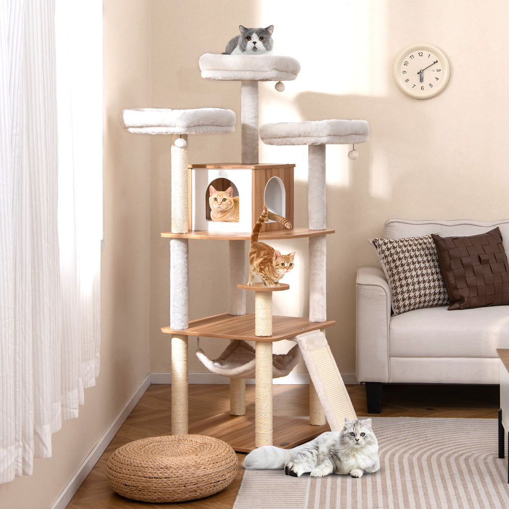 Tall cat tree with 3 padded perches, condo, and sisal scratching posts for playful and cozy lounging.