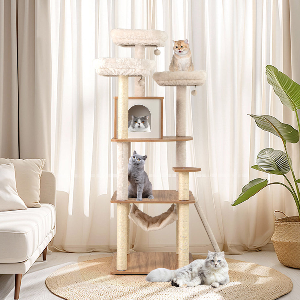 68-inch tall cat tree featuring 3 padded perches, a cozy condo, and sisal scratching posts for playful lounging.
