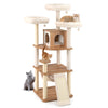 Tall cat tree with 3 padded perches, condo, and sisal scratching posts for climbing and lounging in natural wood finish.