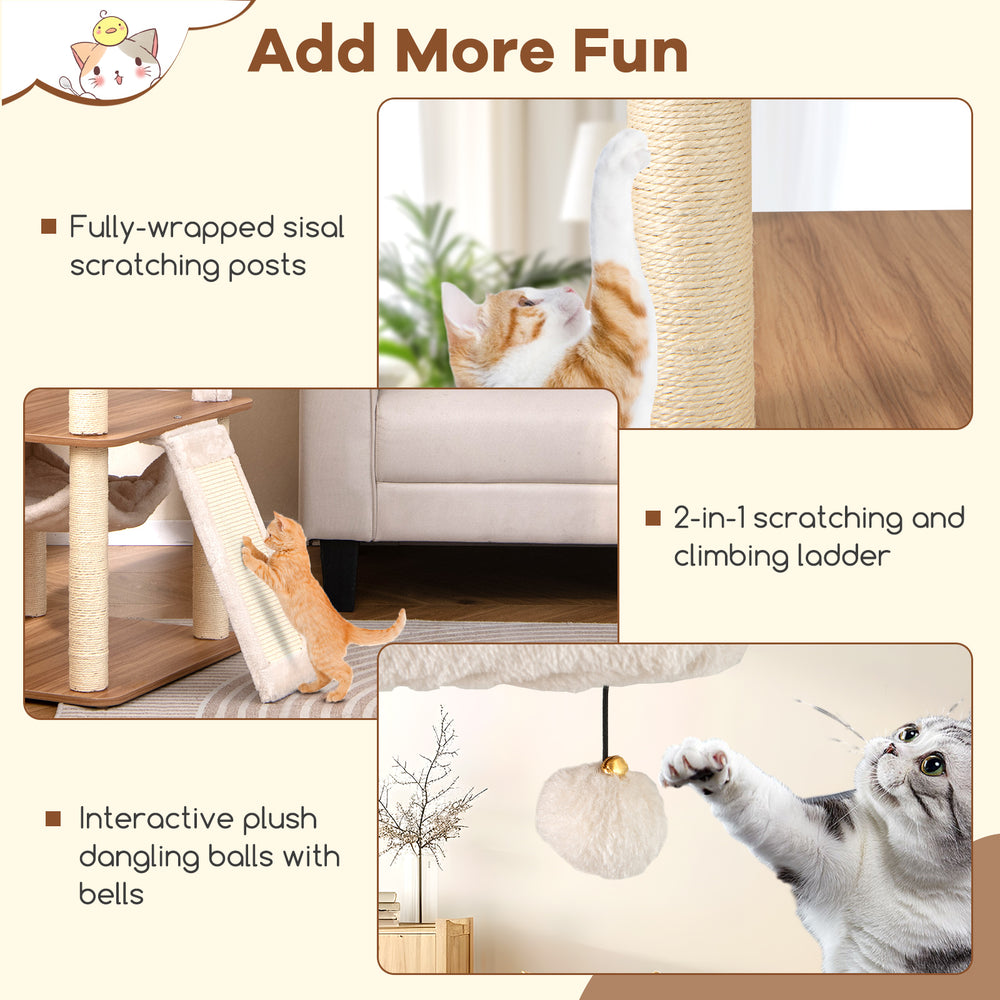 68-inch tall cat tree with 3 padded perches, sisal scratching posts, and interactive plush dangling balls for play.