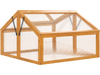 Wood cold frame greenhouse with transparent PVC panels and adjustable roof vents for plant protection and airflow.