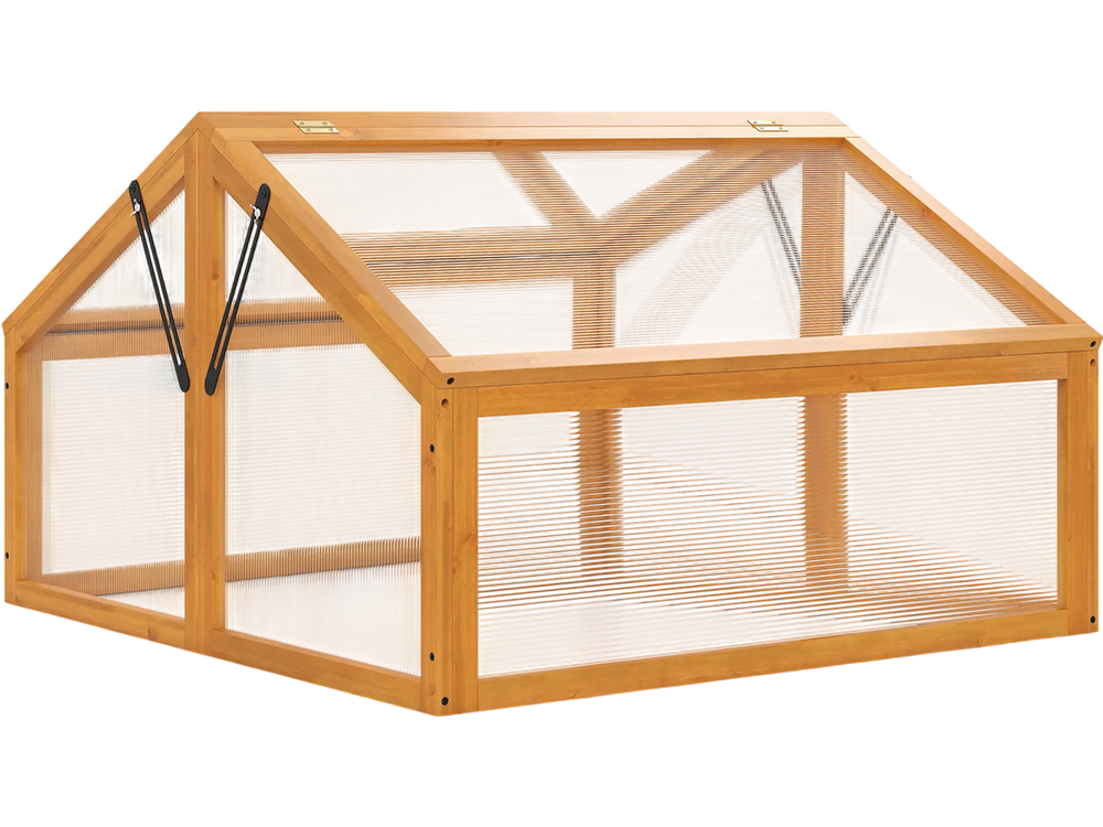 Wood cold frame greenhouse with transparent PVC panels and adjustable roof vents for plant protection and airflow.