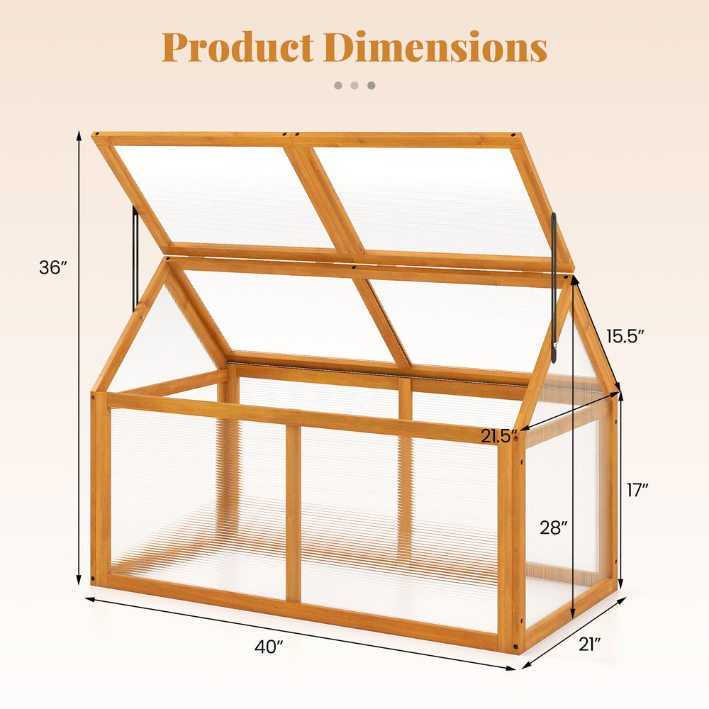 Wood cold frame greenhouse dimensions with adjustable roof for plant protection and ventilation, made of solid fir wood.