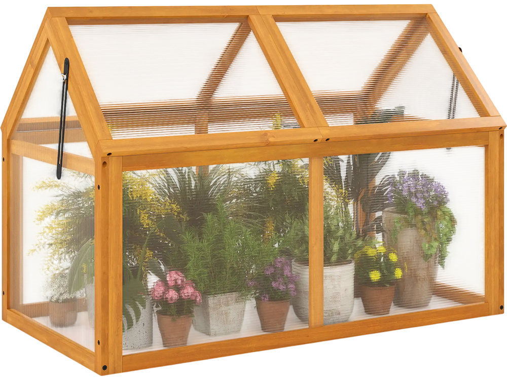 Wood cold frame greenhouse with adjustable roof and transparent panels, ideal for protecting flowers and plants.