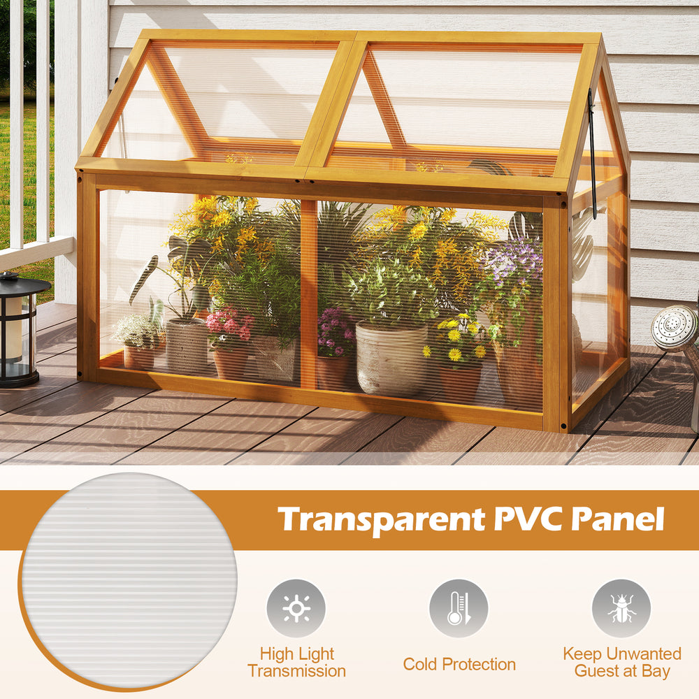 Wood cold frame greenhouse with transparent PVC panels and adjustable roof for plant protection and ventilation.