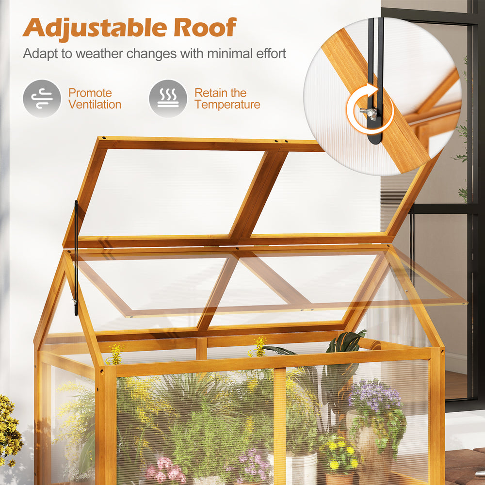 Adjustable roof of the wood cold frame greenhouse for ventilation and temperature control, featuring a solid fir wood.