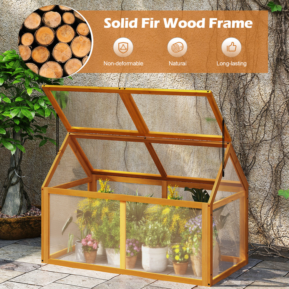 Wood cold frame greenhouse in orange with solid fir wood frame and transparent panels, perfect for nurturing plants.