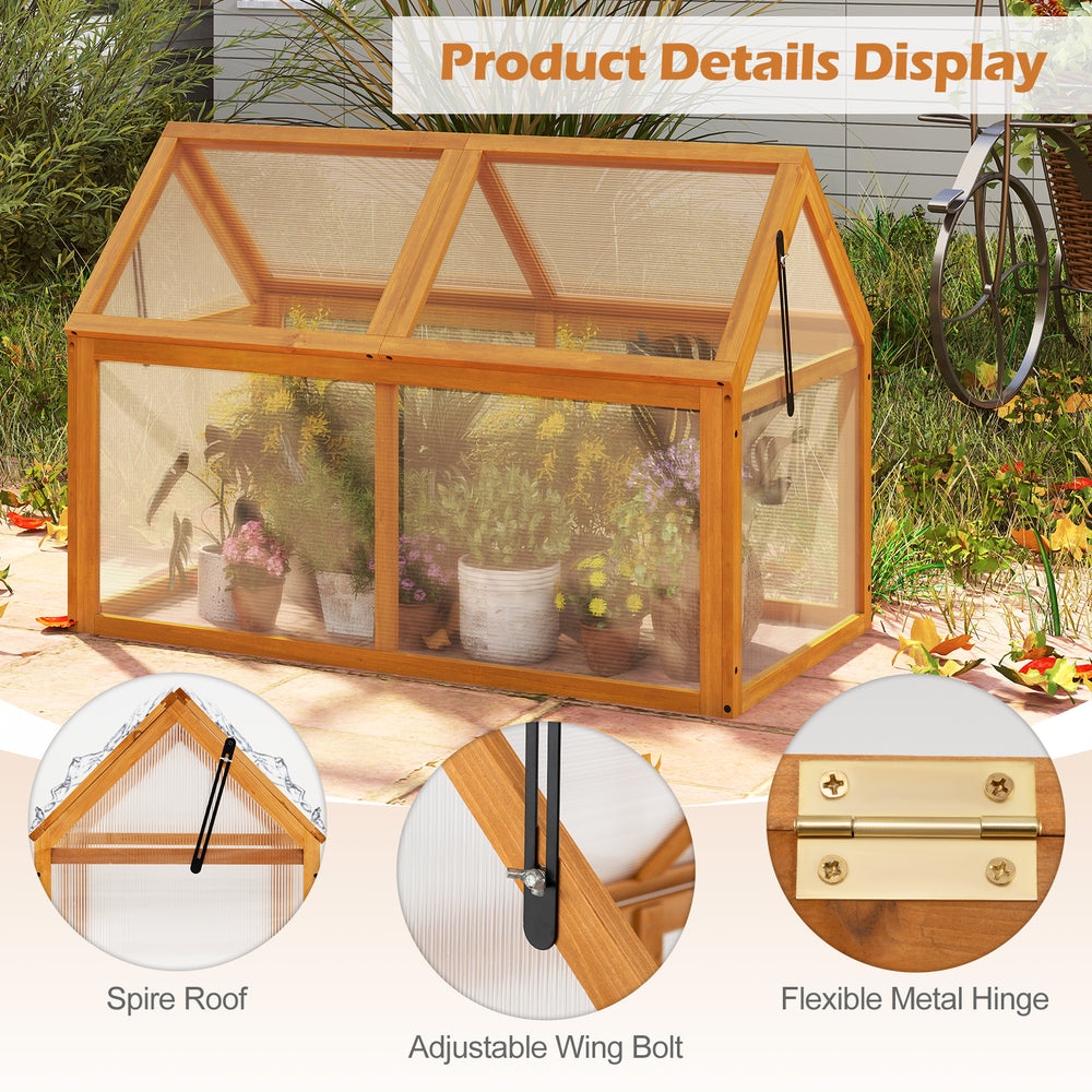Wood cold frame greenhouse spire roof detail with transparent panels and flexible metal hinge for optimal plant care.