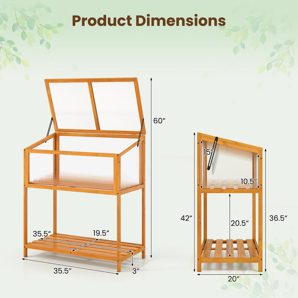 Dimensions of the wood cold frame greenhouse with adjustable roof and slatted shelf for effective gardening.