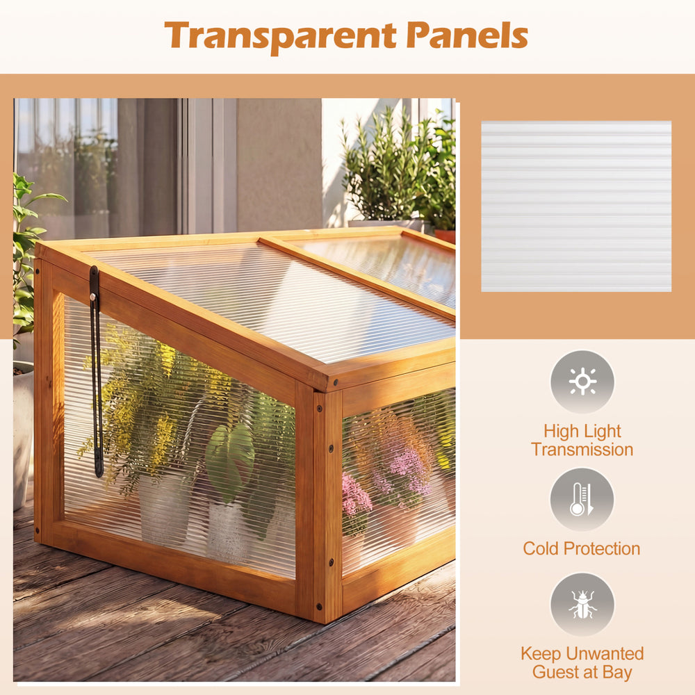 Wood cold frame greenhouse with transparent panels, openable roof for air circulation, and sturdy fir wood construction.