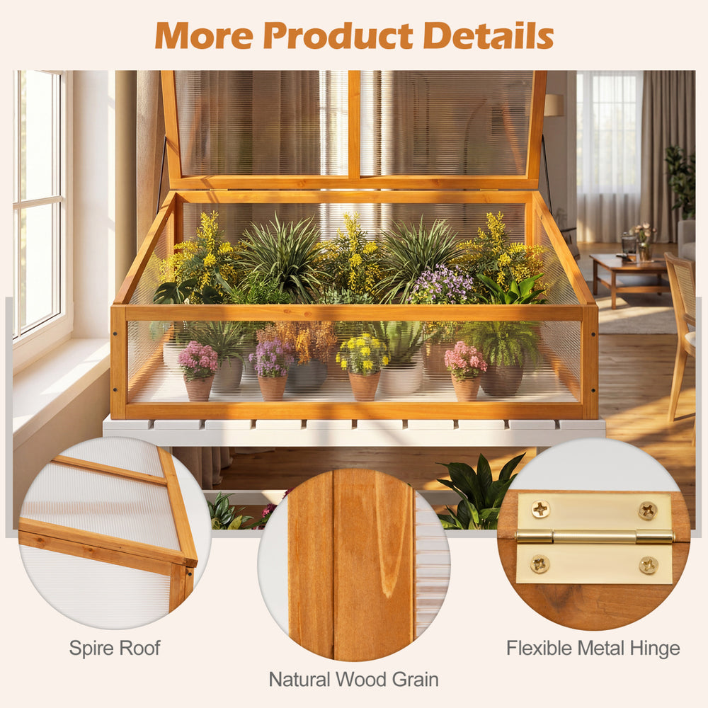 Wood cold frame greenhouse with transparent flip-top roof, showcasing natural wood grain and flexible metal hinge for.