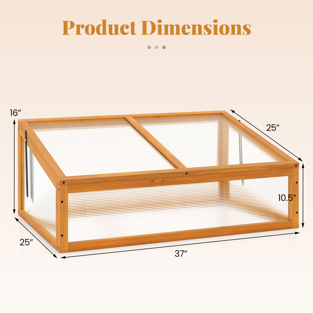 Wood cold frame greenhouse raised planter bed dimensions with transparent flip-top roof for plant protection.