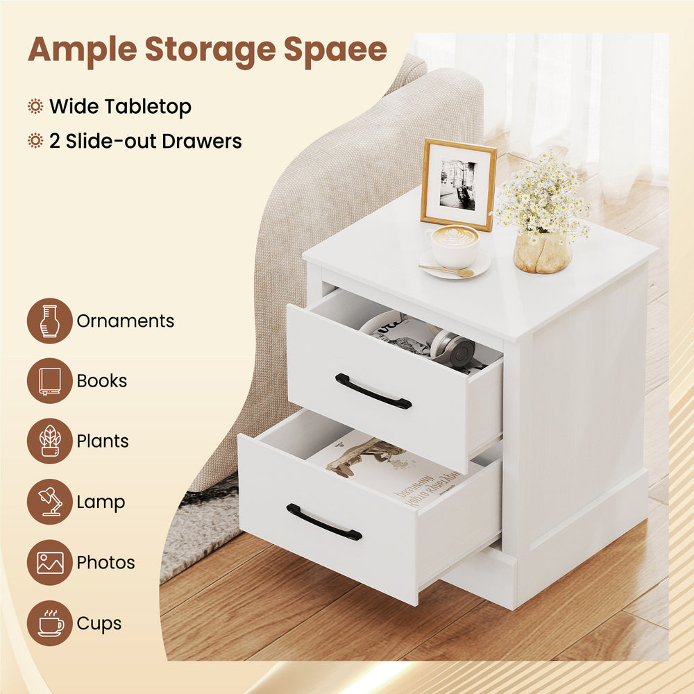 White wood compact floor nightstand with a square top and two pull-out drawers, ideal for bedroom or living room.