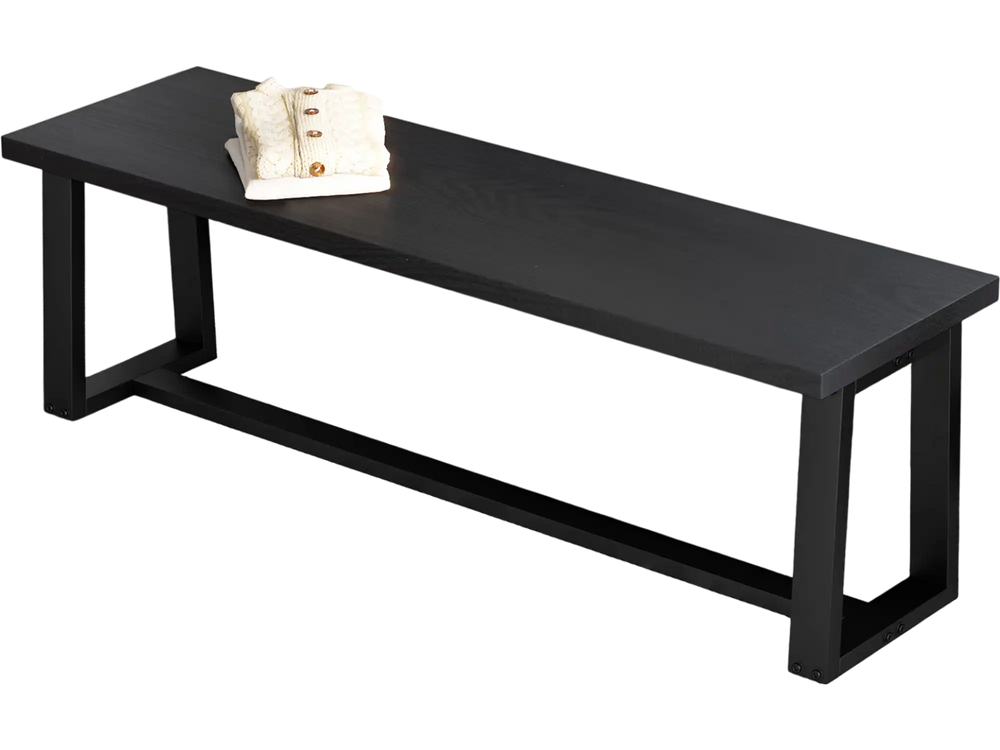 Black wood dining bench with metal frame, featuring adjustable footpads, perfect for versatile seating and storage.