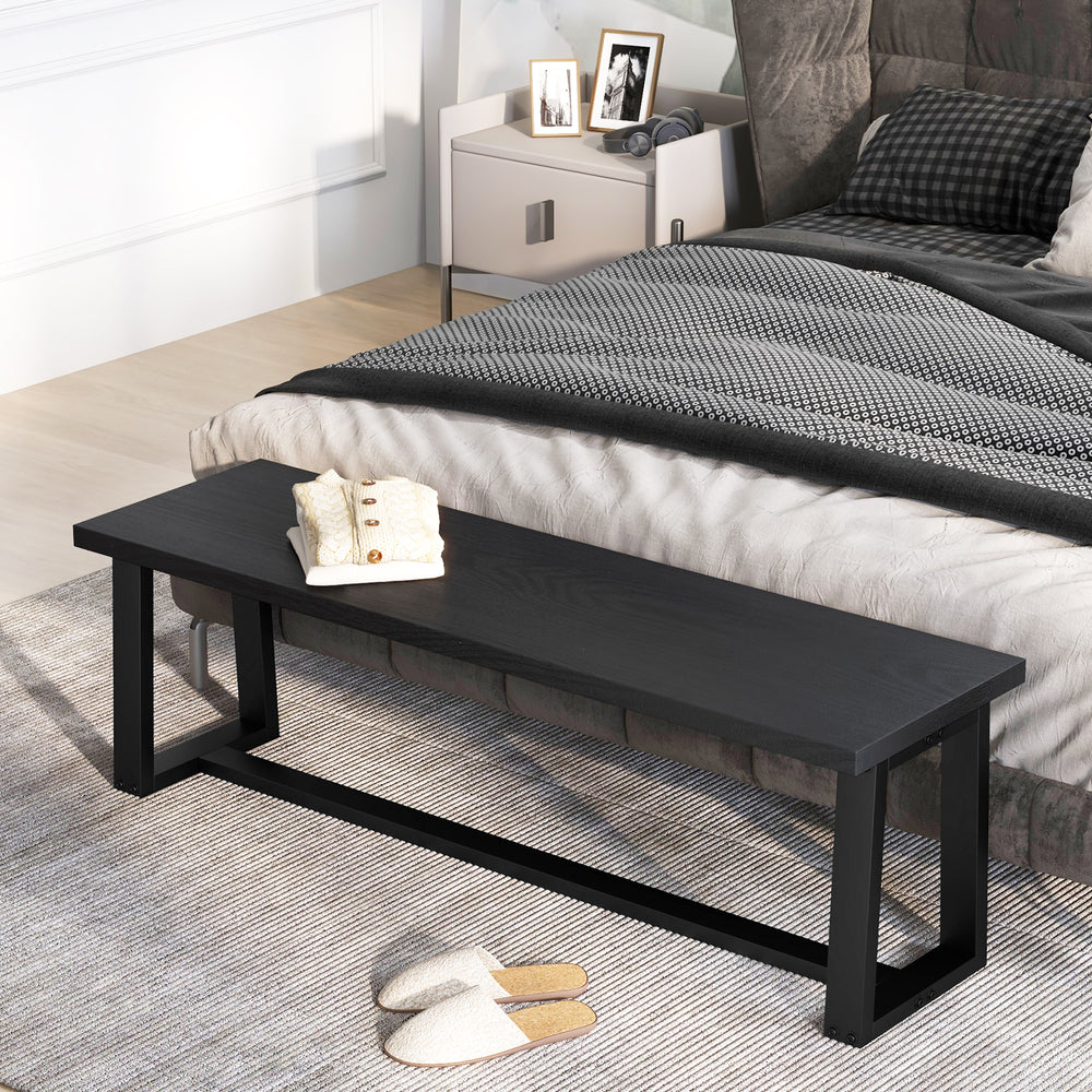 Wood Dining Bench with Metal Frame and Adjustable Footpads-Black - Gallery View 1 of 9
