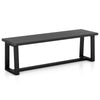 Black wood dining bench with metal frame, adjustable footpads, and acacia wood top for versatile seating and storage.