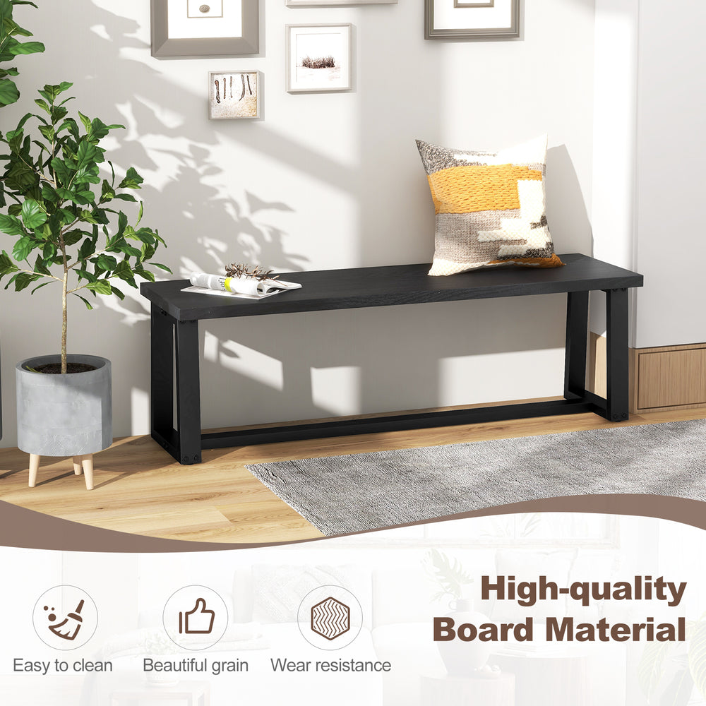 Black wood dining bench with metal frame, featuring adjustable footpads and ample storage for shoes or clothes.