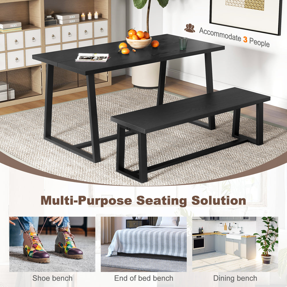 Black wood dining bench with metal frame, adjustable footpads, accommodates 3 people, ideal for versatile seating.