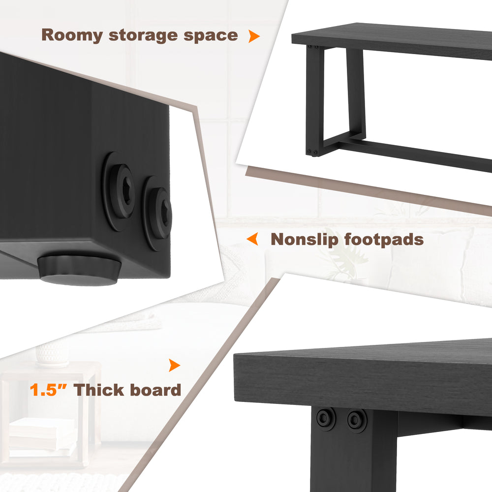 Close-up of the Wood Dining Bench showcasing the 1.5” thick board and adjustable footpads for stability on uneven.